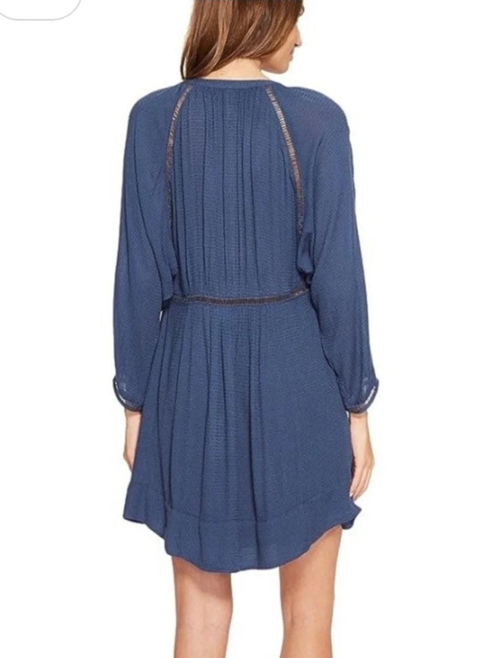 Free People Go Lightly Mini Dress Blue Boho V-Neck Gauze Crochet Trim Small - Picture 3 of 9